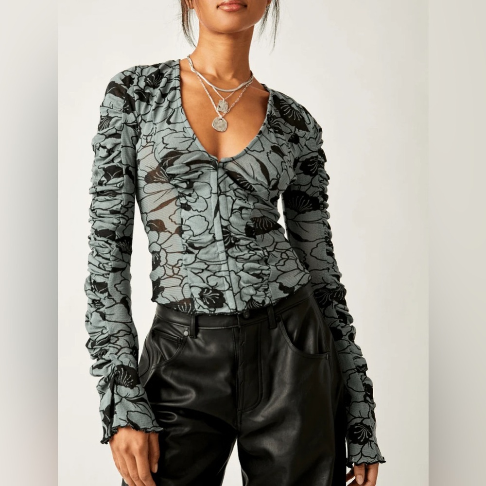 Free People Through the Meadows Ruched Mesh Floral Top Steel Sea XS NWT